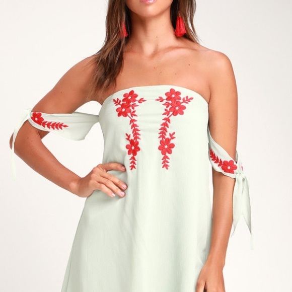 Lulus Crysta Light Sage Embroidered Off-the-Shoulder Mini Dress Size Medium - Picture 1 of 8